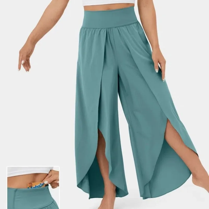 

Women High Waist Wide Leg Pants Yoga Sweatpants Big Size Beach Boho High Split Trouser Loose Solid Elastic Waist Thin Pants