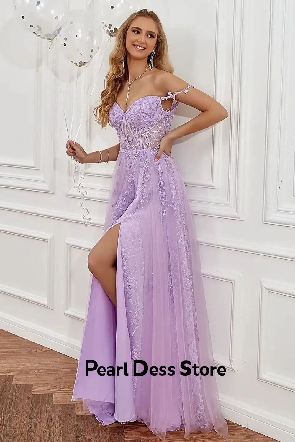 

Women's Lace Applique Tulle Prom Dress Long Thin Shoulder Strap Formal Evening Dress Youth Split Prom Dress