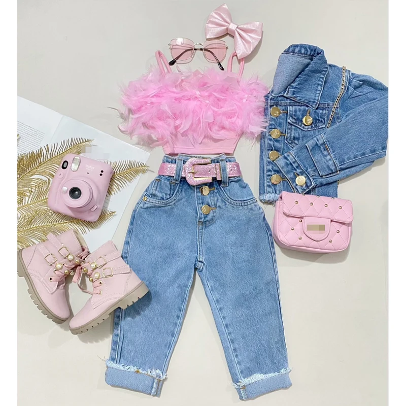 Kids Clothing Set Girls Clothing Set FOCUSNORM Little Girls Fashion Clothes Sets 1-6Y Ruffles Fur Feather Sleeveless Camisole Tops + High Waist Denim Pants 2pcs