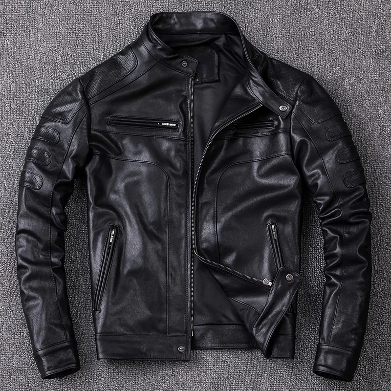 

Men's Vegetable Tanned Sheepskin Leather Jacket Motorcycle Biker Jackets Slim Short Stand Collar Genuine Clothes Coat