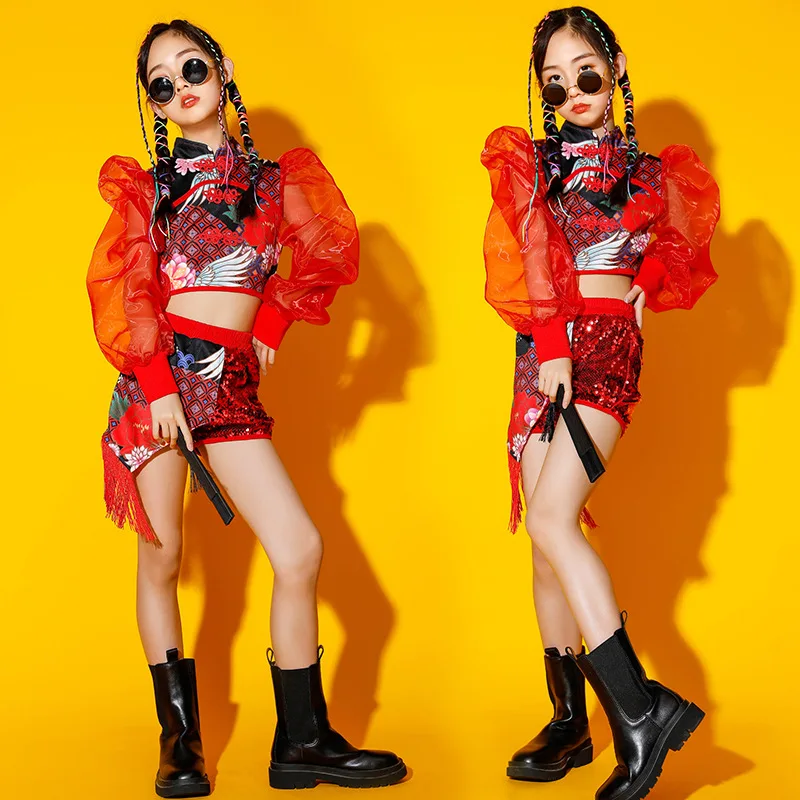 

Little girl The catwalk Stage Costumes Cheerleaders Jazz Dance Girls' Chinese style printed sequins performing costumes