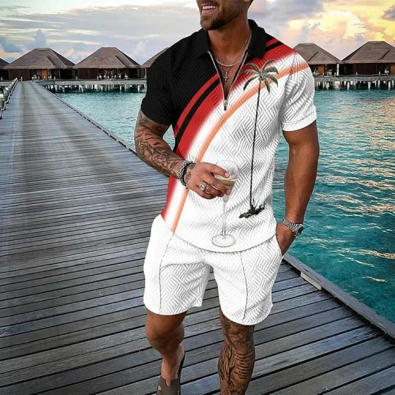 Fashion Summer Men's Tracksuit Short Sleeve Polo Shirt Set Coconut Tree 3D Print Clothing 2 Pieces Casual Suit Streetwear Outfit 6