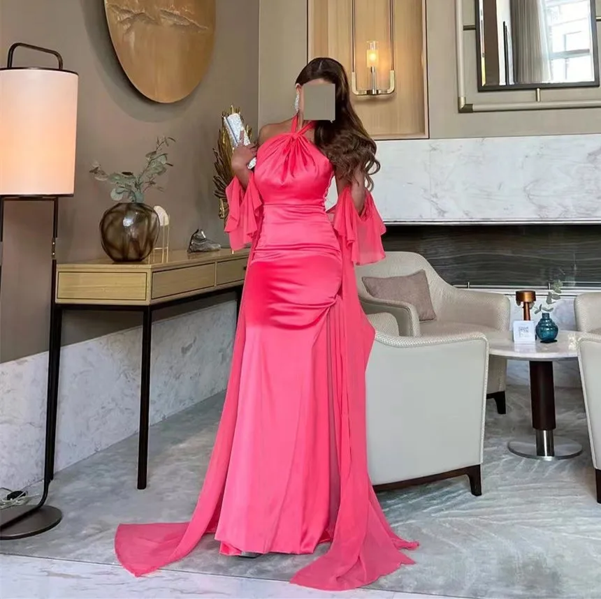 

Watermelon Mermaid Prom Dresses with Beaded Long Chiffon Wraps Wedding Guest Dress for Ladies Halter Neck Evening Formal Gowns