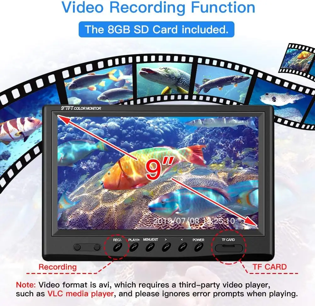 Underwater Fishing Camera Video Fish Finder Function 9 inch Large Color Screen 360&deg; Horizontal Panning Camera