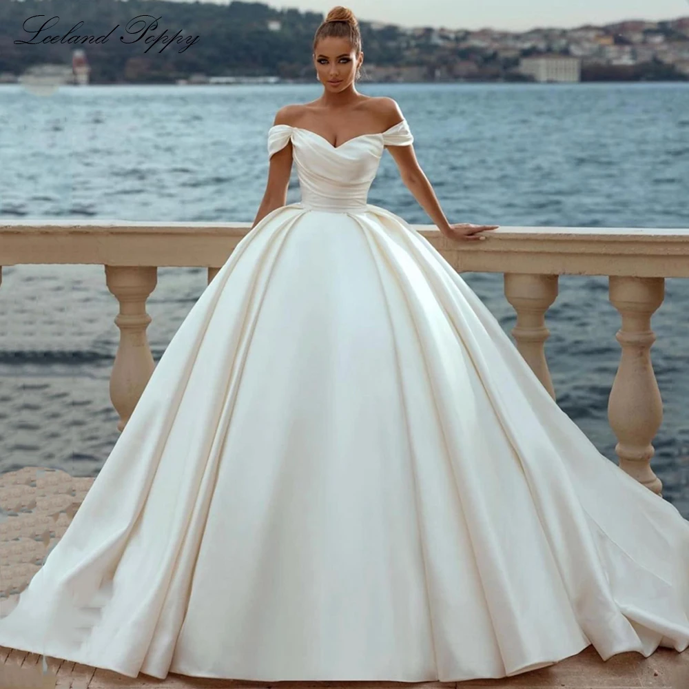 

Lceland Poppy Women's Ball Gown Off the Shoulder Satin Wedding Dresses Floor Length Pleated Bridal Gowns with Chapel Train