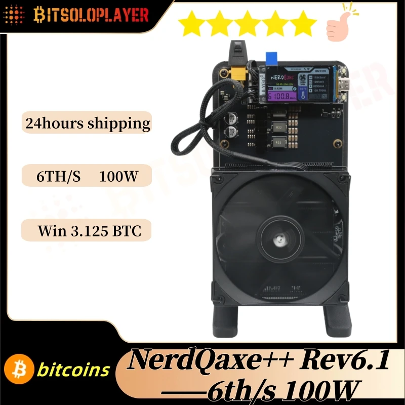 Nieuwe Verbeterde NerdQaxe Rev 6.1-6TH/s 100W Bitcoin Miner met 2.4G WiFi - 16.5 J/TH - Stille Open-Source Crypto Machine, Dubbele Ventilator, Hoog Rendement voor BTC Mining op Voorraad (Zwart