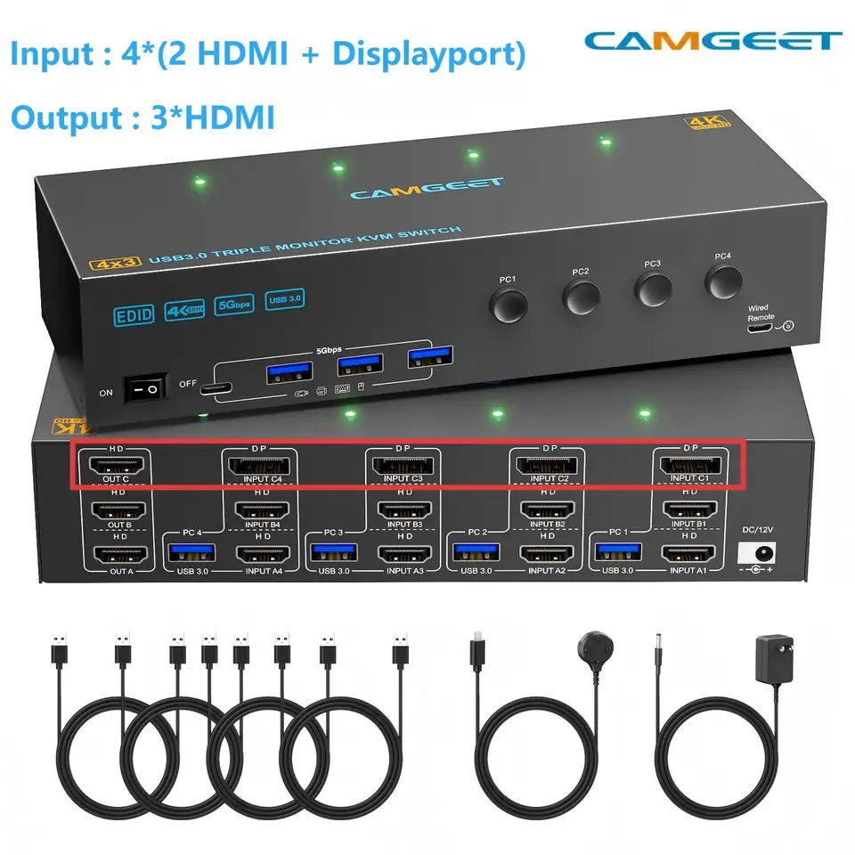 Commutateur KVM HDMI 4 PC 1 Moniteur 4K @ 60 Hz 2K @ 120 Hz, Simulation EDID, Commutateur KVM USB 3.0 HDMI 4 Ports Pour 4 Ordinateurs Partagent 1 Moniteur Et 4 Ports USB 3.0, Avec Télécommande