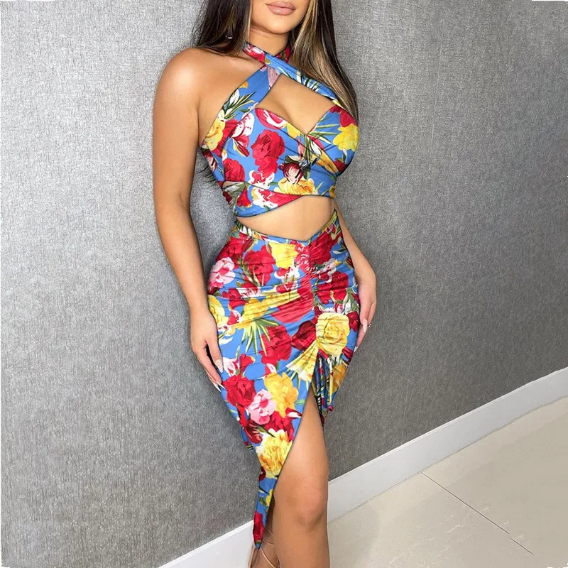 

Sexy Outfits For Woman Printed Vest Irregular Fold Drawstring Skirt Two Piece Sets Womens Outifits Summer Dresses For Women 2022