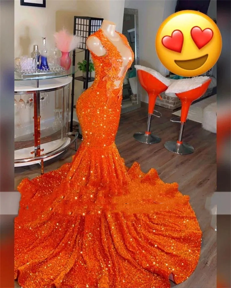 

Orange Women's Long Evening Dresses Beads Sheer Neck Mermaid Woman Formal Hottest Prom Gowns Sequin Night Party Robes