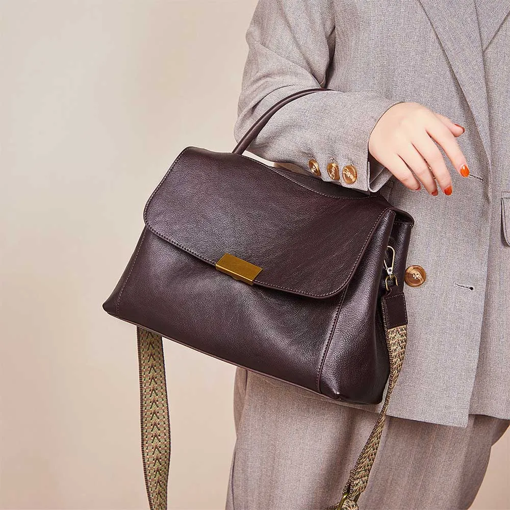 

MS Retro Big Leather Woman Bags Luxury Vegetable-tanned Cowhide Messenger Bag Wide Shoulder Strap Daily Purses Autumn New 2023