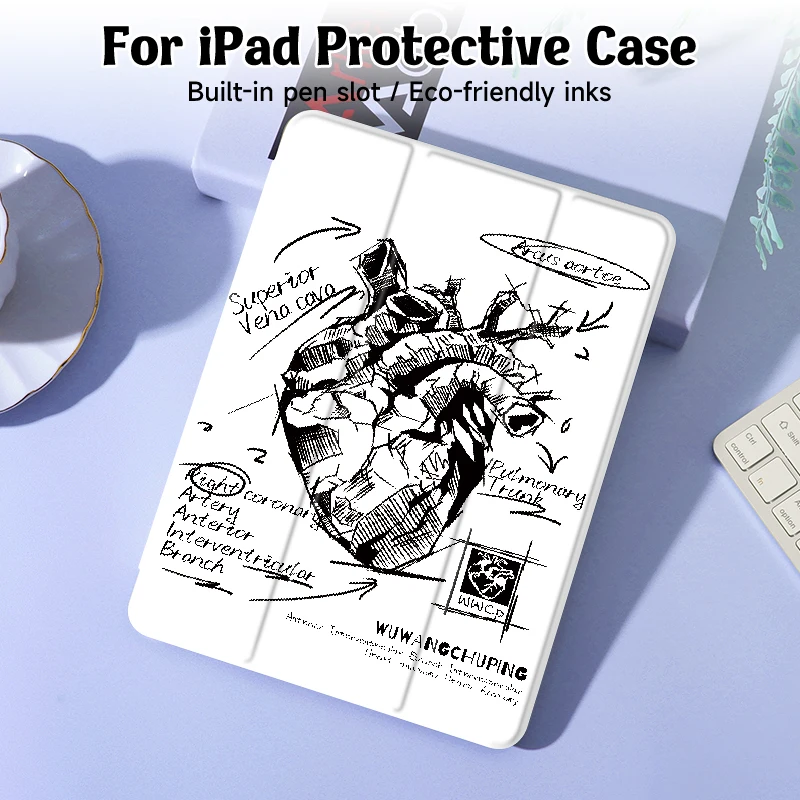 Artistic Sketch Heart iPad Case with Built-in Pen Holder