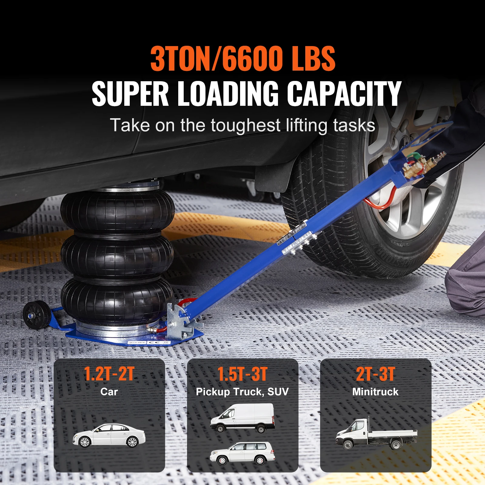 SucceBuy Pneumatic Jack 3 Ton/5 Ton Triple Bag Air Jack Quick Lift Heavy Duty Car Repair Jacks Folding Rod Jacks with Two Wheels