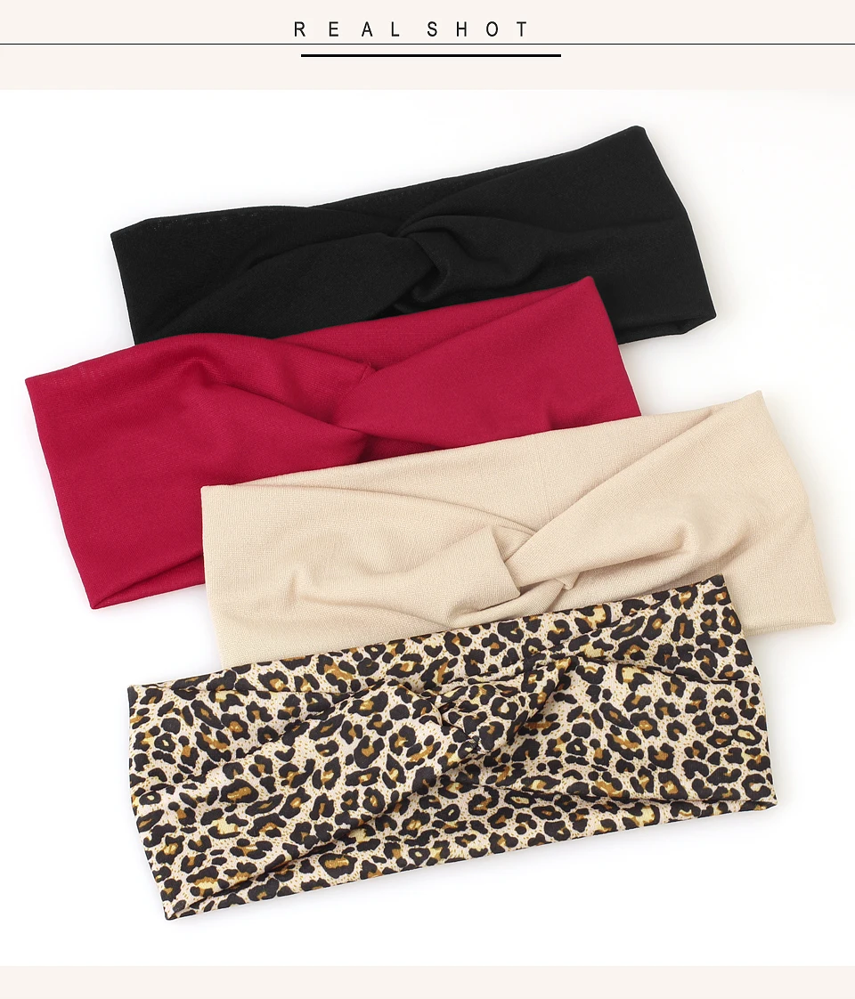 Frauen Kreuz Einfarbig Haar Bands Mädchen Mode Leopard Print Elastische Gestrickte Stirnbänder Vintage Turban Machen Haar Zubehör – Detail 8