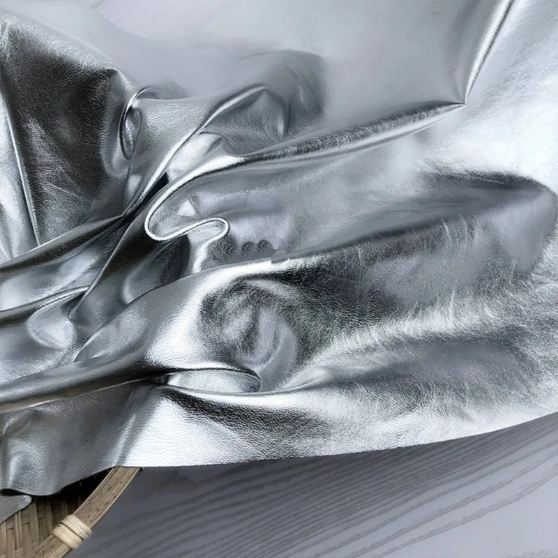Leather Fabric Vinyl Fabric Vinyl Sewing Fabric Silver Soft Durable PU Faux Leather Fabric Woven Bottom Non Elastic Clothing Designer Fabric Sewing Material