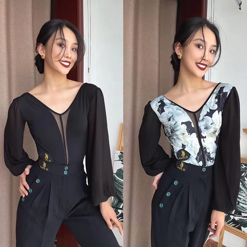 New Latin Dance Clothes V Neck Black Bodysuit Bishop Sleeves Ballroom Dance Performance Tops Rumba Waltz Costume BL10870