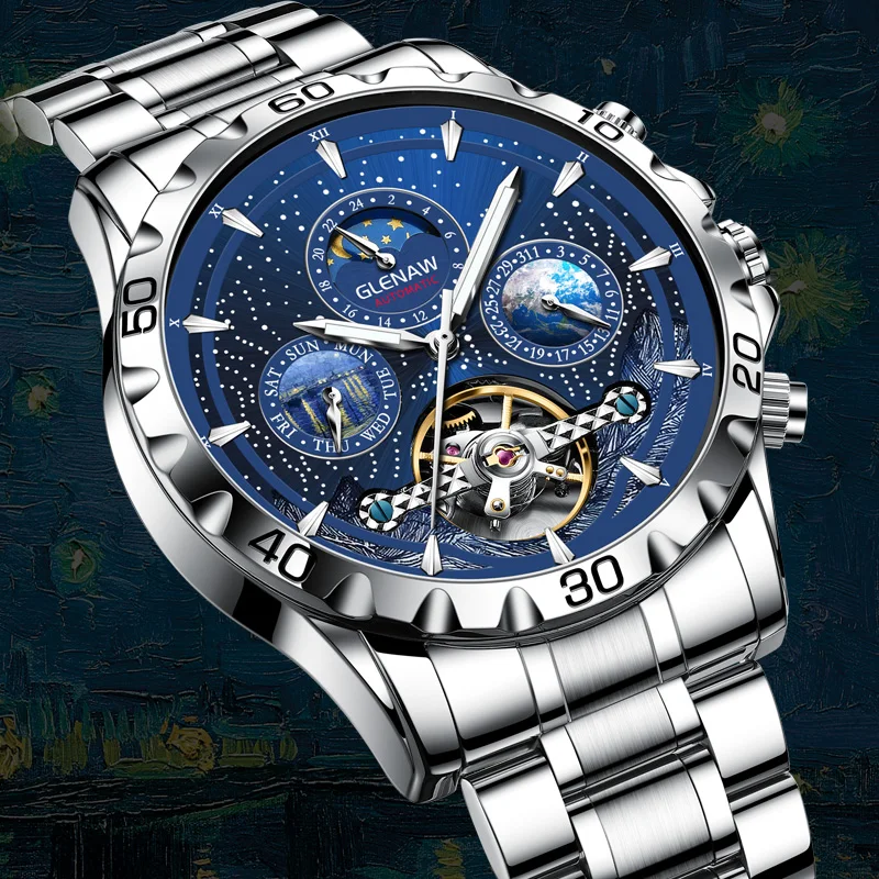 

GLENAW New Mens Watches Automatic Mechanical Watch Tourbillon Sport Clock Moon Phase Casual Business Wristwatch Relojes Hombre