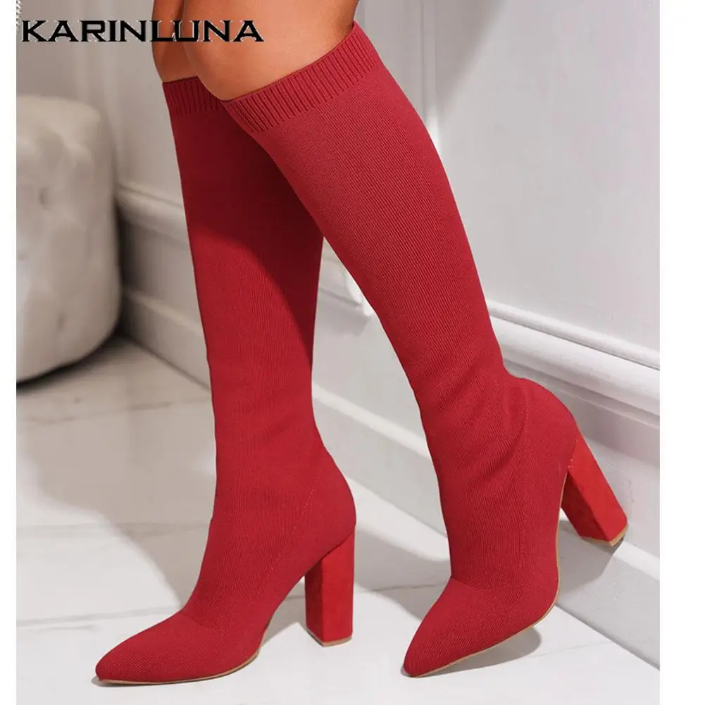 

Pointed Toe Women Knee-high Boots 2022 Winter Sexy Office Lady Knitting Slip-on Super High Heel Women Boot Shoes