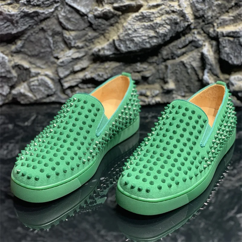 

Fashion Brands Green Leather Low Top Full Rivets Red Bottoms Slip On Shoes For Women's Driving Spikes Men's Casual Flats Loafers