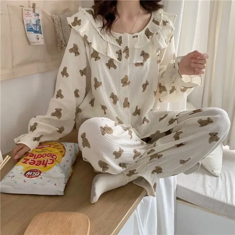 

Trousers Lolita Pajamas Bear Piece Elegant Double Two Ruffles Tops Sleepwear Set Cartoon Nightwear Women Shirts Kawaii