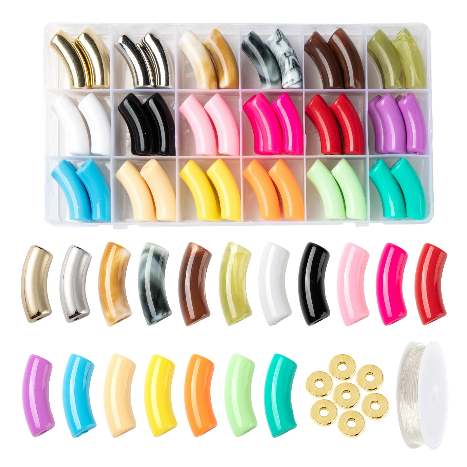 DE FABRICACIÓN de pulseras de tubo curvo grueso de plástico CCB, 1 caja, cuentas acrílicas deslizantes de colores, espaciadores de diamantes de imitación, cordón | - AliExpress
