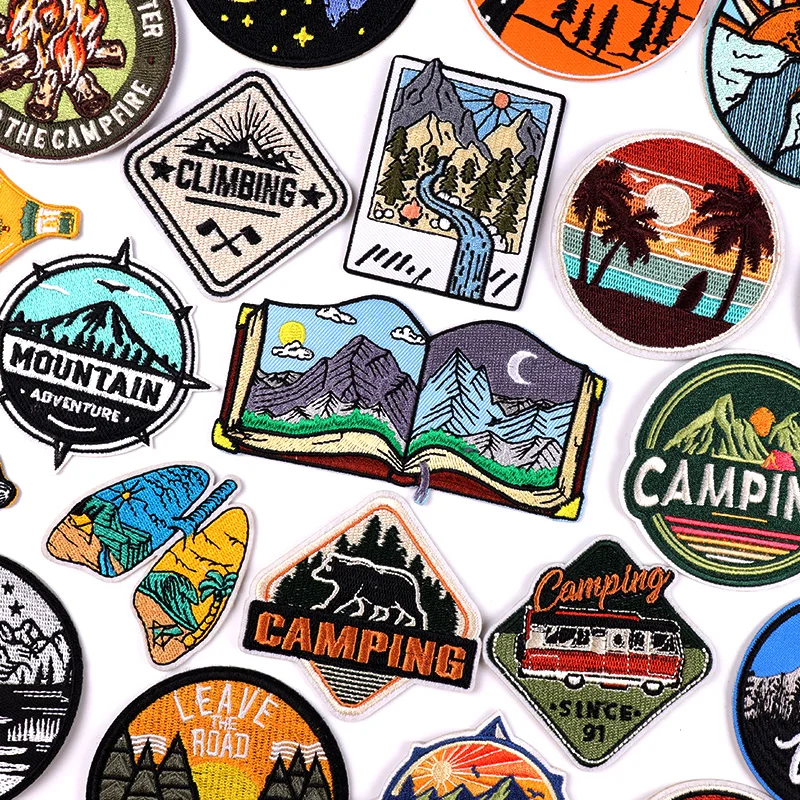 Mountain and camping iron-on embroidered patches with outdoor travel and landscape designs for jackets and backpacks