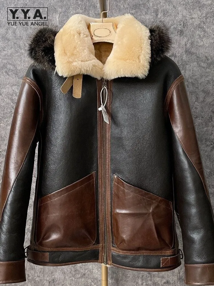 

Plus Size 5XL 6XL Real Fur Coat Men Winter Thick Warm Wool Liner Sheep Shearling Jacket Hooded Genuine Leather Motorcycle Jacket