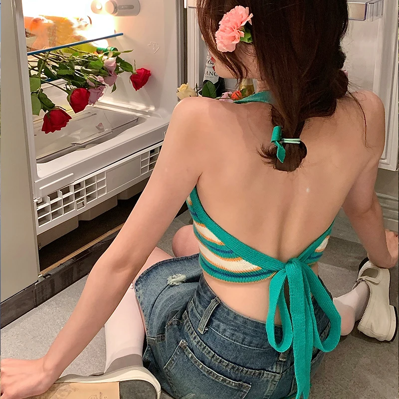 Women s Stylish Striped Halter Neck Crop Top with Sexy Backless Design in Blue and Green Color Options