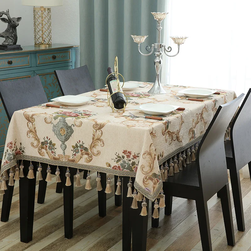 

Luxury Jacquard Tablecloth Tassel Pendant Chenille Fabric Rectangular Table Cover European Coffee Table Cloth for Living Room