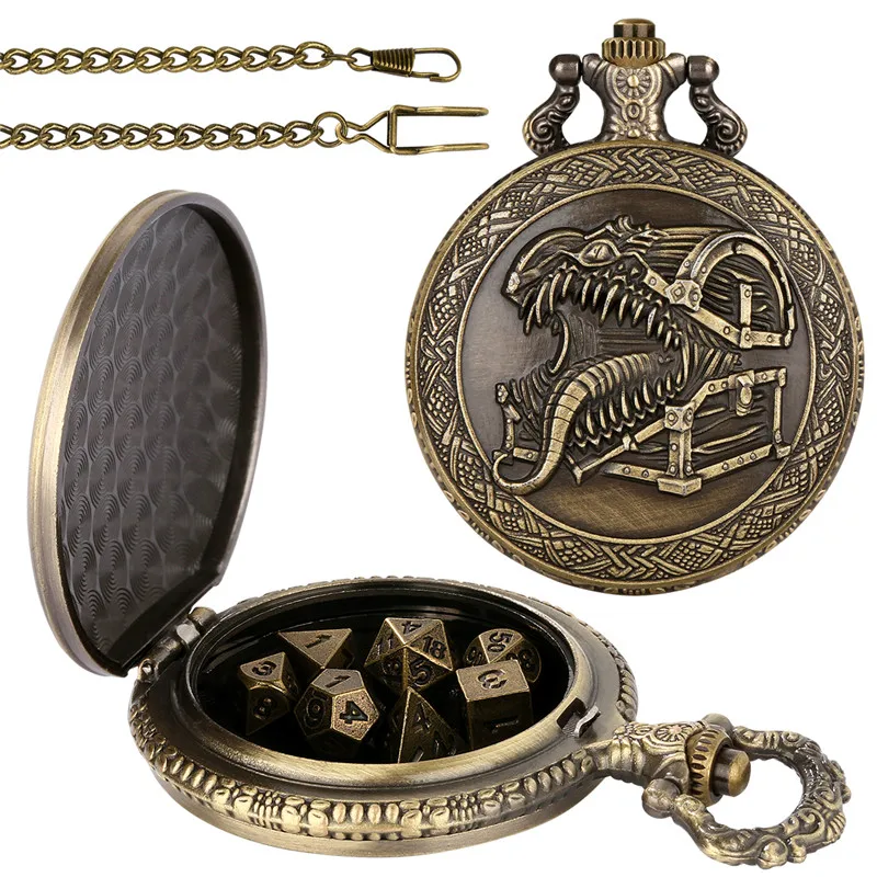 Steampunk Zungen-Schatzkasten Taschenuhr-Leergehäuse Anhängerkette mit 7 x Mini-Metall-Polyeder-Würfeln für Rollenspiele – Detail 3