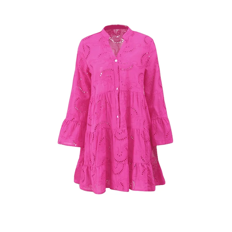 Beach Dress Women Embroidery Lace Eyelet Hollow Out 3/4 Sleeve Single Breasted Mini Dress y2k Vacation Dresses