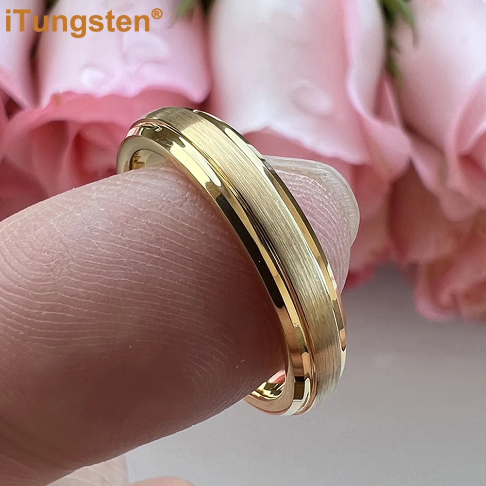 iTungsten 4mm Narrow Width Rings For Women Tungsten Engagement Wedding Band Stepped Beveled Brushed Finish Comfort Fit