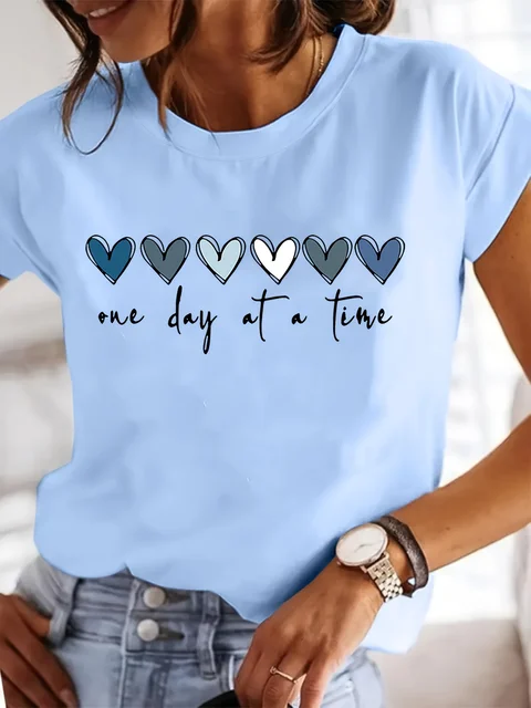 Women'S Casual Graphic T-Shirt - It'S One Day at a Time Heart Print, Short Sleeve Round Neck Top for Spring & Summer 1