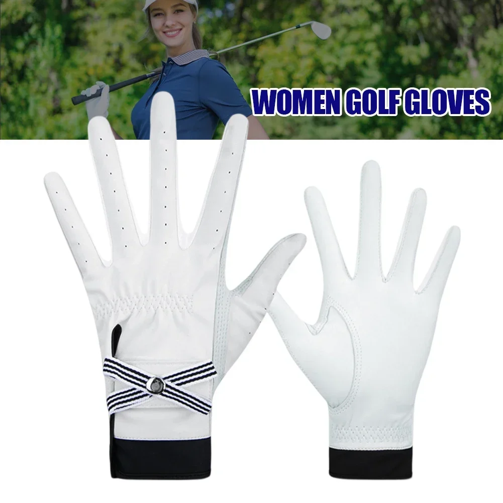 1 Pair Bow Golf Gloves For Women With Removable Mark Sheepskin Self-Adhesive Cloth Non-Slip Sports Full Finger Gloves 2