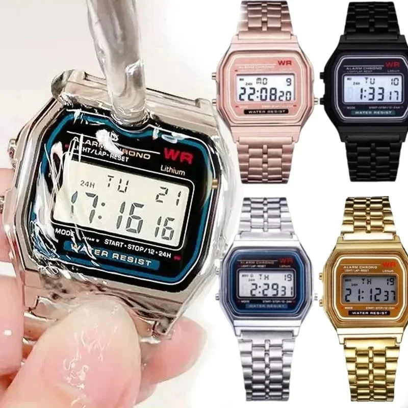 Fratios W-Montre bracelet en acier inoxydable pour hommes et femmes, montre-bracelet électronique, horloge de sport numérique rétro, montres militaires étanches de luxe