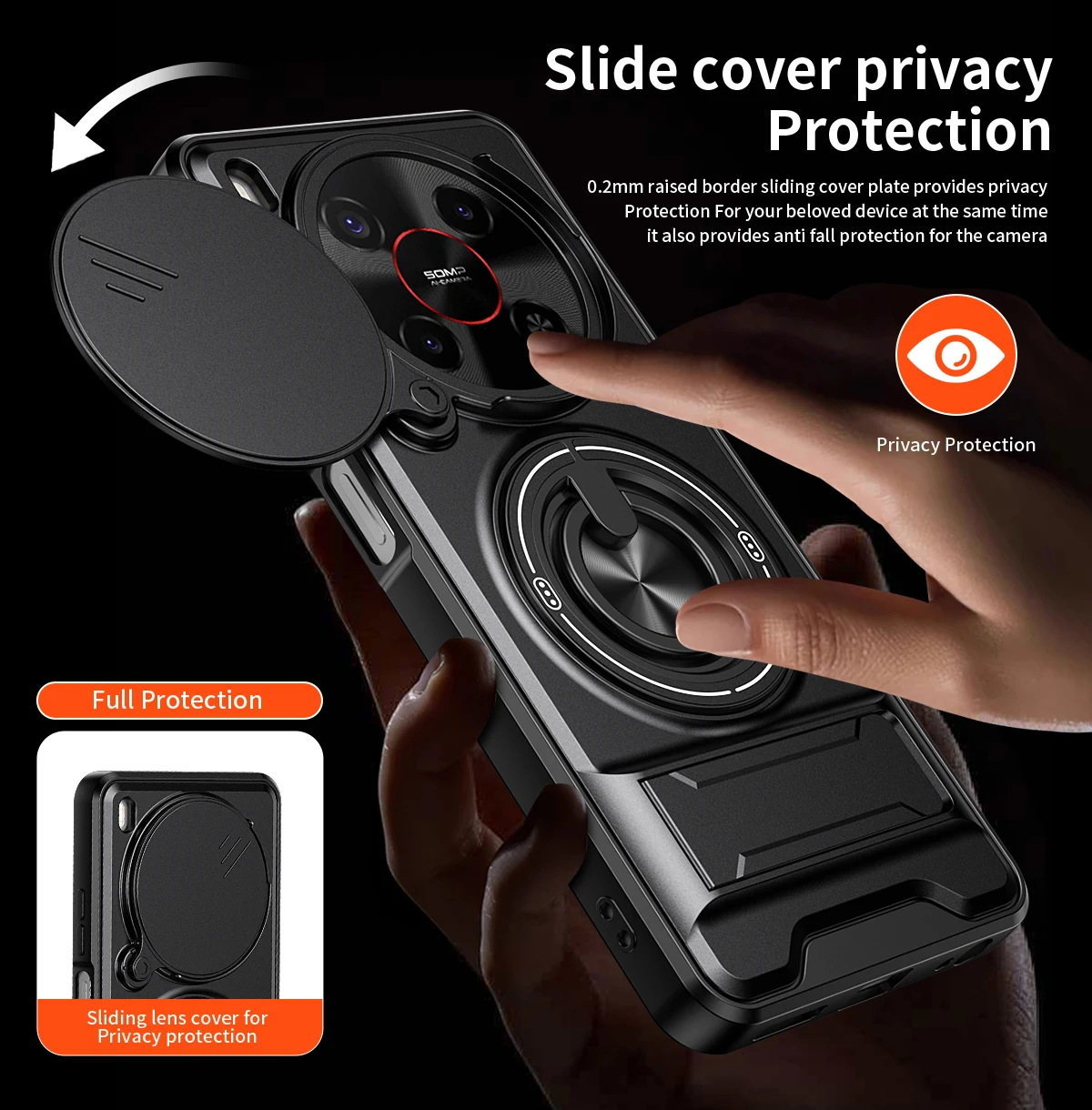 Enhanced Protective Phone Case with Slide Cover and Rotating Magnetic Ring Holder