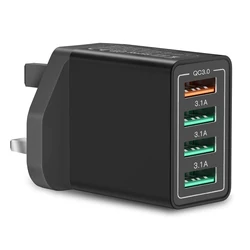 High - Speed USB - A Wall Charger with UK Plug - 4 - Port 33W QC3.0 Fast Charging Adapter - UK Black