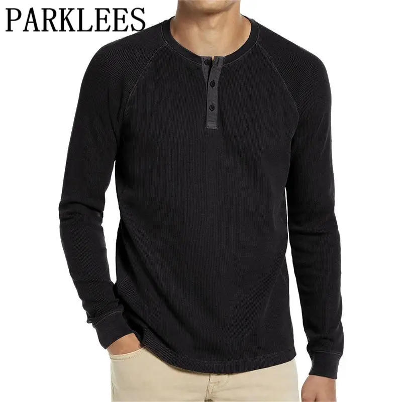 

Black Waffle Henley Long Sleeve T Shirt Men Solid Color Spring Autumn Pullover Base Clothing Breathable Casual Sport Outdoor Top