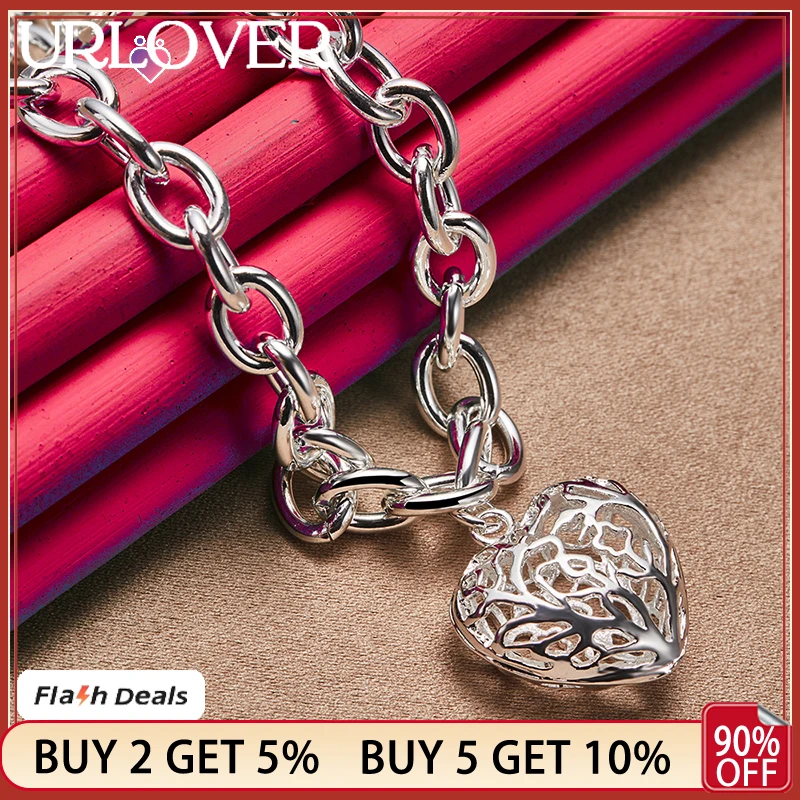 

URLOVER 925 Sterling Silver Hollow Heart Pendant Necklace For Women 45cm Chain Engagement Wedding Birthday Fashion Charm Jewelry