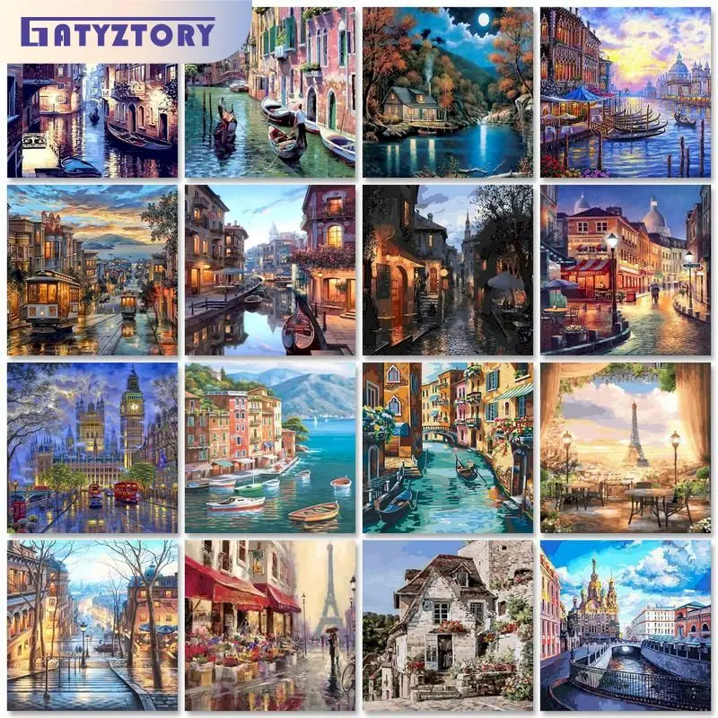 GATYZTORY Diy Painting By Numbers With Frame City Landsacpe Kits Picture By Numbers Drawing On Canvas Adults Crafts Home Decor