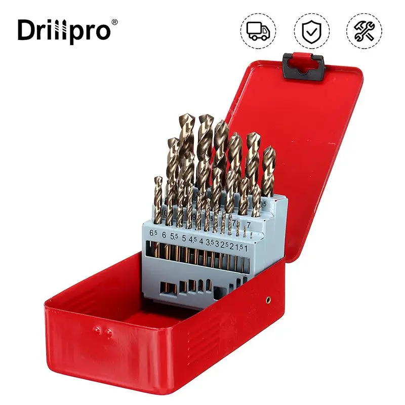 

Drillpro 13/19/25Pcs M35 Cobalt Drill Bit Set High Speed Steel Twist Drill Hole with Metal Case for Wood Metal Drilling