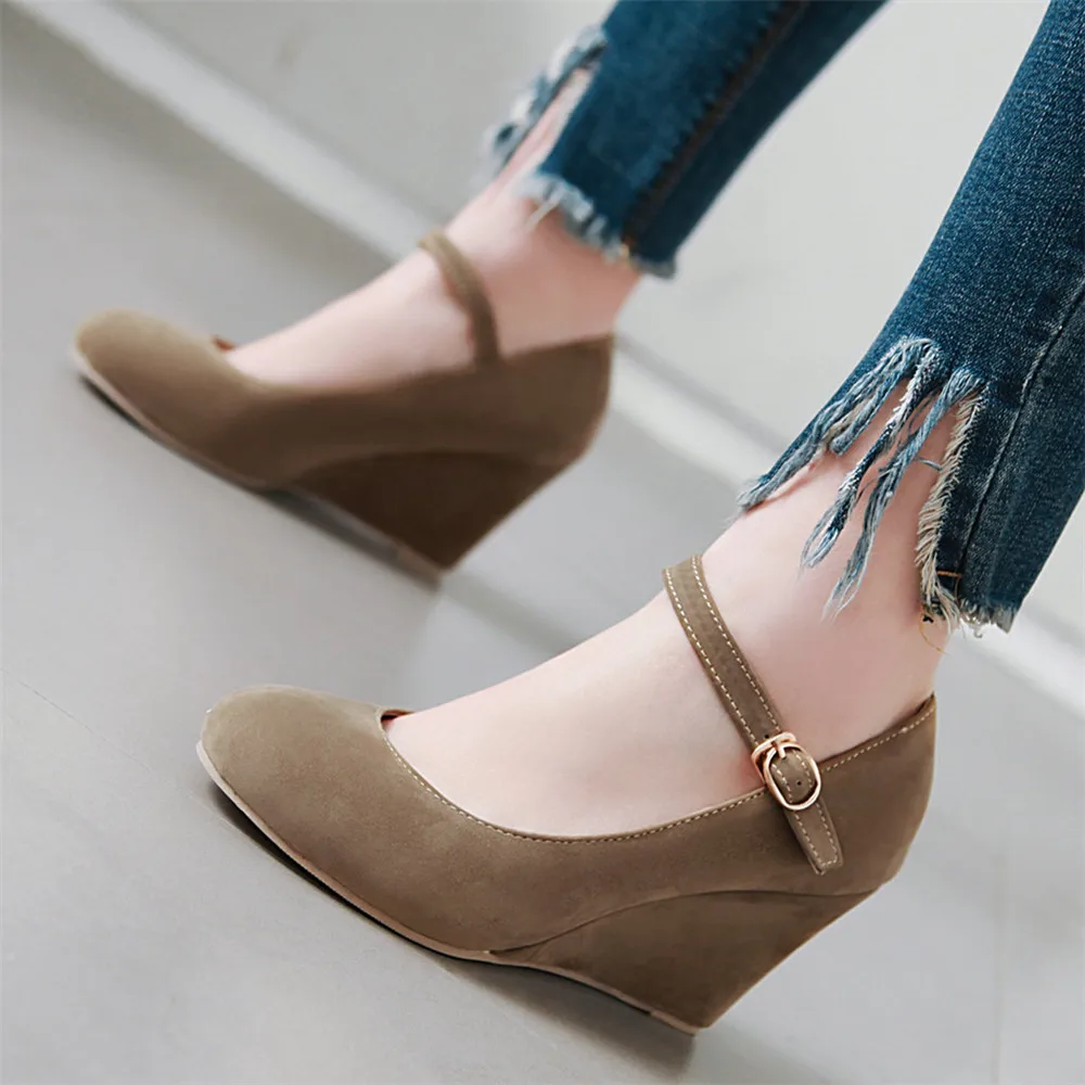 Classic High Heels Pumps Female Spring Casual Ankle Straps Flock Black Rose Red Wedge Wedding Office Shoes Woman Large Size34-43