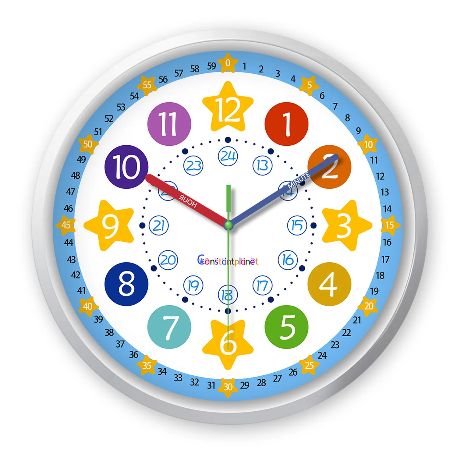 8inch Colorful Digital Circle And Star Pattern Plastic Glass Teaching Wall Clock Living Room Bedroom Kitchen Home Decoration Wall Clock Silent Quartz Holiday Gift (No Battery)