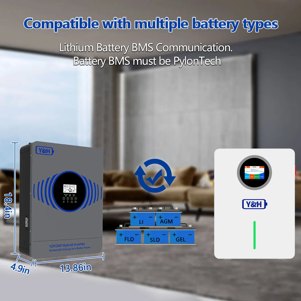 새로운 Y&H 2.3KW 4.2KW 하이브리드 태양광 인버터 12V 24V에서 AC220V로 변환하는 오프그리드 순수 정현파 인버터, MPPT 100A 태양광 충전기 포함 듀얼 출력