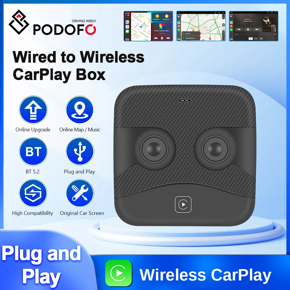 

Беспроводной адаптер для автомобиля Podofo Carplay с ИИ-приставкой, Bluetooth 5,2, USB, Wi-Fi, голосовое управление для Audi Benz VW для Volvo и Toyota