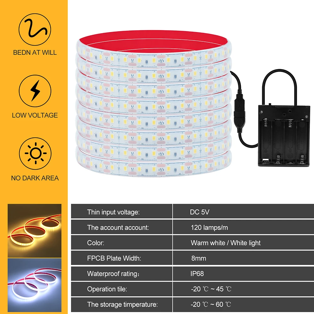 5V USB/배터리 전원 LED 스트립 라이트 SMD 2835 120 LED 플렉스 접착 테이프 IP68 휴대용 실리콘 램프 따뜻한 백색 가정용 조명