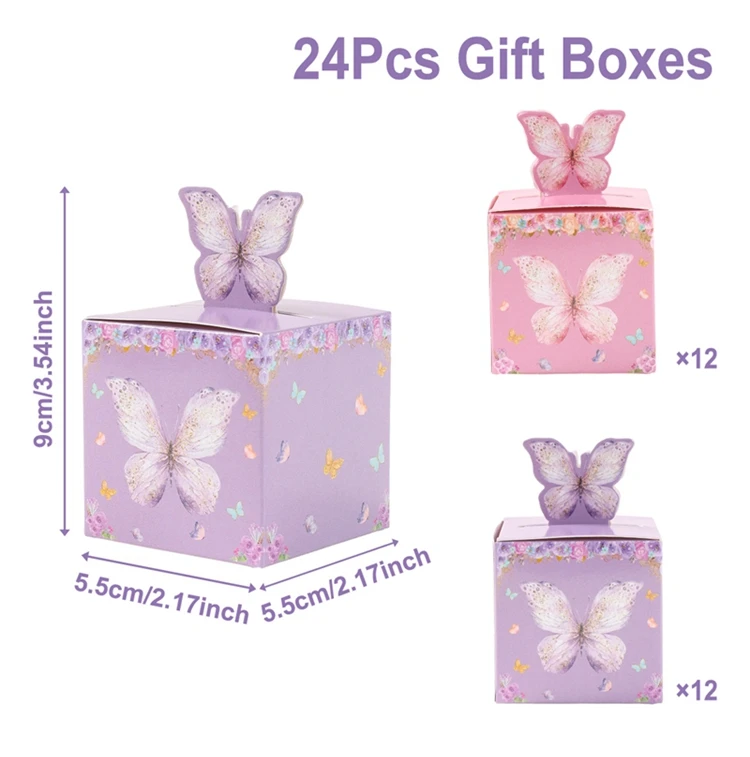 Elegant Purple & Pink Butterfly Candy Gift Boxes - Set of 24