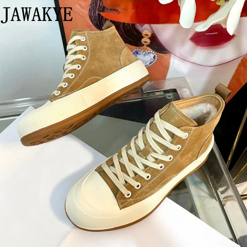 

Winter Brand Canvas Vulcanized Shoes Thick Sole Flat Sneakers Natural Fur High Top Sneakers Girls' Warm Plush Shoes