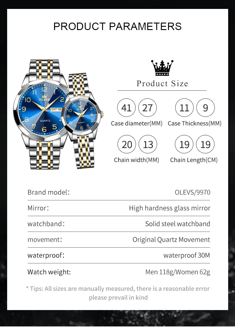 Olevs 9970 Luxe Paar Horloge Mannen Vrouwen Roestvrij Staal Waterdichte Kalender Polshorloge Digitale Wijzerplaat Ruit Spiegel Liefhebbers Horloge