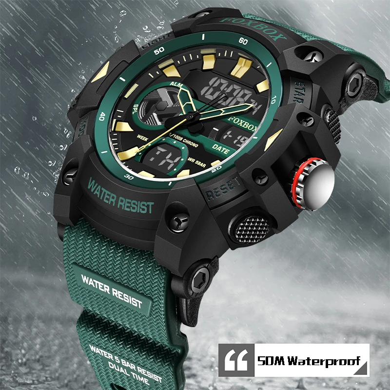 FOXBOX NEW Fashion Men's Sport Watches Shock Resistant 50M Waterproof Wristwatch LED Alarm Stopwatch Clock Military Watches Men