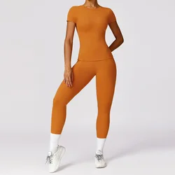Women's Yoga Workout Set - Long Sleeve Crop Top & High Waist Leggings - M (Earl Orange Set-1)